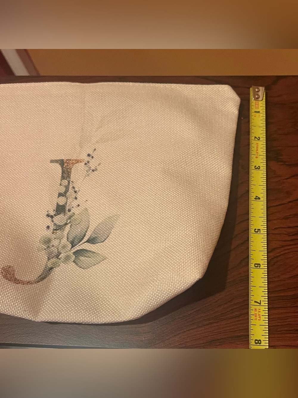 NNW Initial J Canvas Zip Pouch in Cream with Watercolor Green Accent - Picture 5 of 8